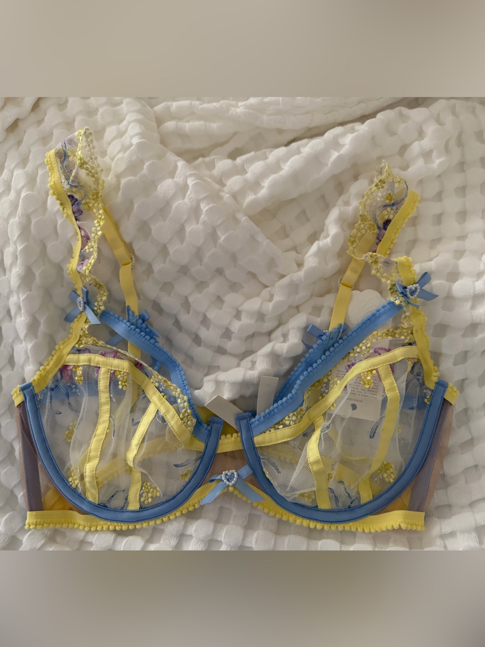For Love & Lemons Yellow and Blue Sheer Floral Underwire Bra